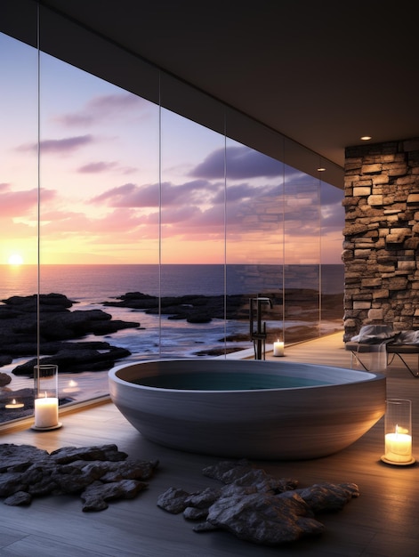 Планировка дизайна ванной комнаты в роскошном стиле, безупречное место для отдыха с видом на морской пейзаж, великолепный оригинальный дизайн. Туалетная комната для гигиены, место для спа.