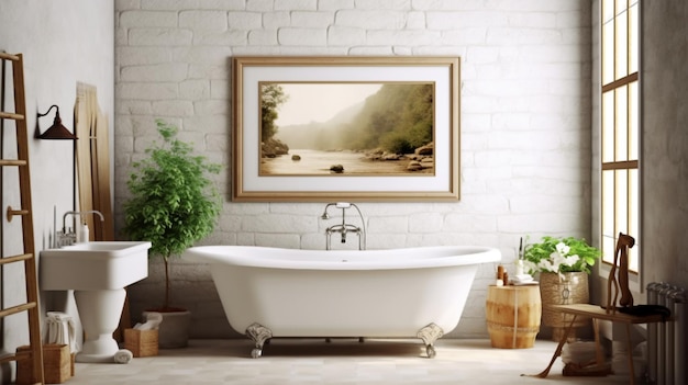 Дизайн ванной комнаты с ванной по центру в стиле минимализм Сгенерировано AI