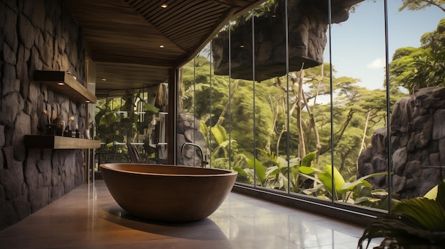 Bathroom design with panoramic window natural materials stone wood granite plants minimalism Generative AI