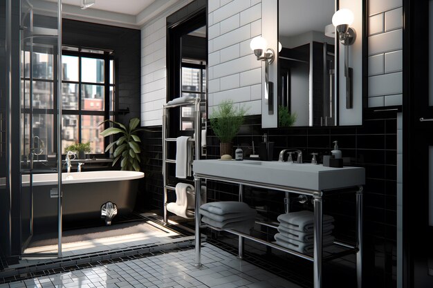 Photo a bathroom featuring a mix of black and white tiles