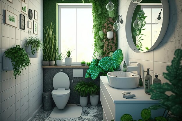 Bathroom filled with lush greenery including a potted plant on the vanity and trailing vines along the walls The bathroom fixtures and tiles are white creating a fresh and clean look Generative AI