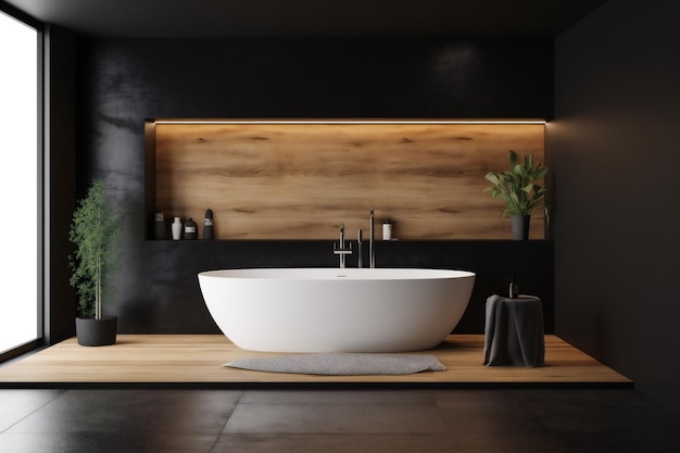 Ванная комната дизайн дома роскошная мебель дизайнерская ванна современный деревянный черный интерьер Generative AI
