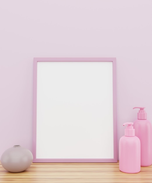 bathroom interior blank frame with skincare bottles