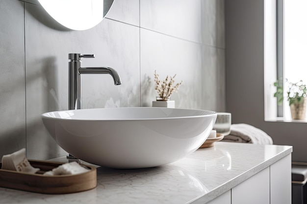 Bathroom interior building decorating with a contemporary faucet and a white ceramic washbasin sink in the living room idea