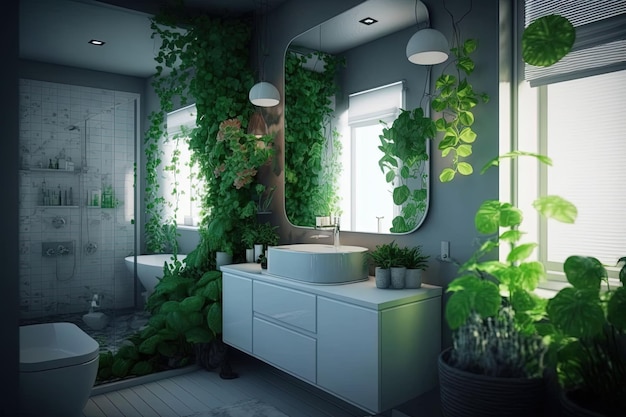 Фото Интерьер ванной комнаты украшен зелеными растениями современная удобная ванная комната