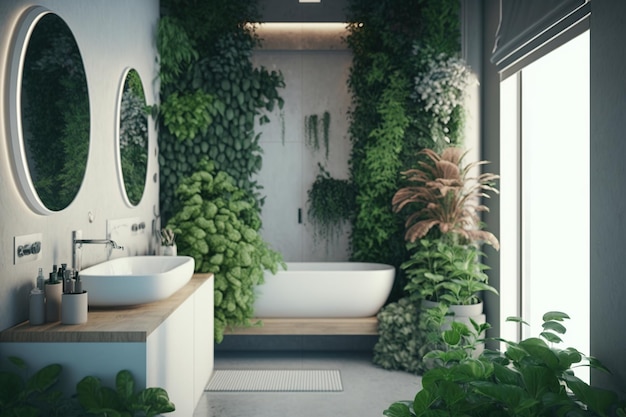 Bathroom interior decorated with green plants Modern comfortable bathroom