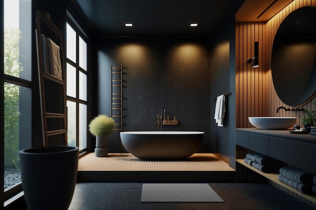 Bathroom interior design with matte black bathtub and modern shower generative Ai