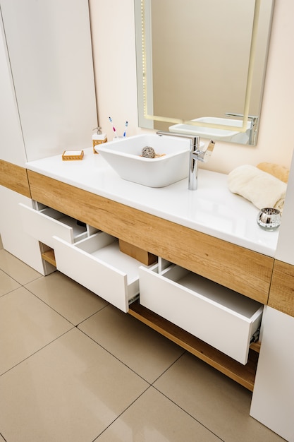 Photo bathroom interior detail with sink and faucet