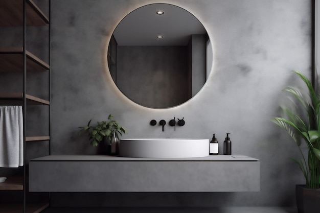 Bathroom interior mirror concrete room luxury sink design gray white home Generative AI