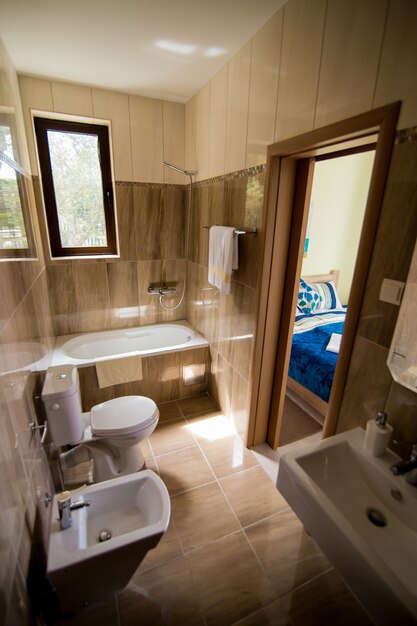 Bathroom interior  washbasin bidet toilet large mirror the walls are light brown in color