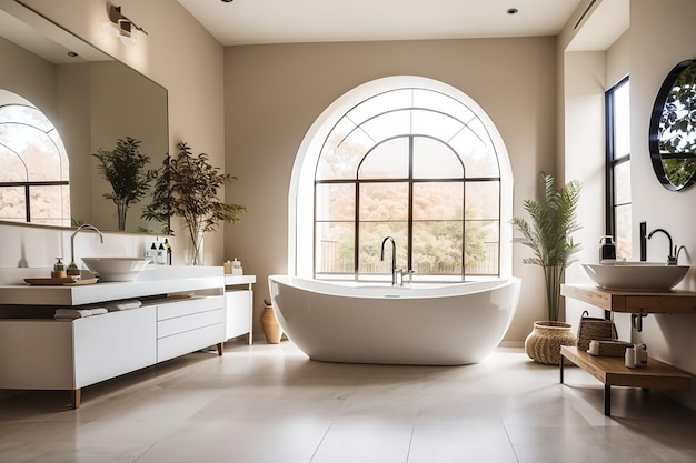 Bathroom interior with a bathtub and ceramic sink in a spacious house