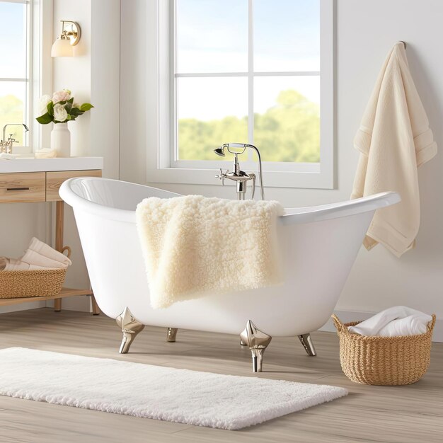 Bathroom interior with bathtub and towel