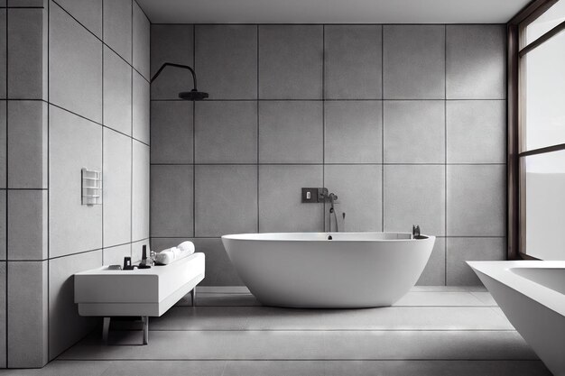 Bathroom interior with large windows and tiled walls