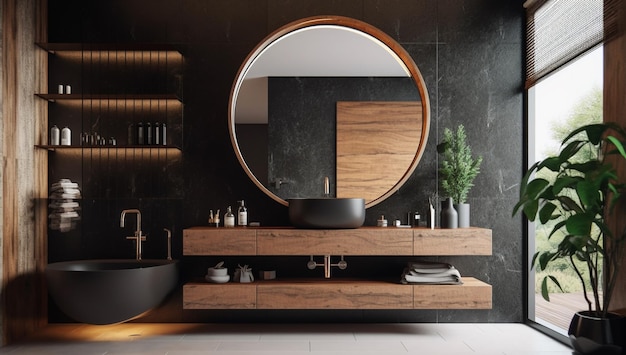 Bathroom interior with round mirror on the wall with AI generated