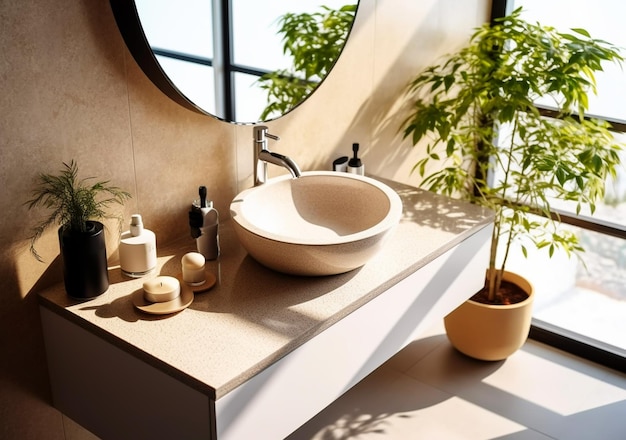 Bathroom interior with sink and beige faucet