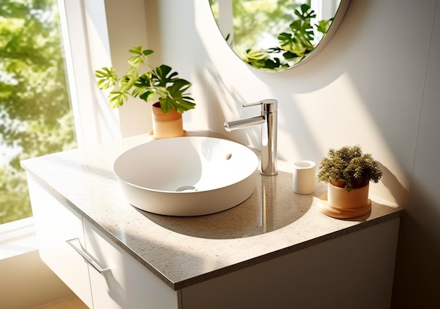 Bathroom interior with sink and beige faucet