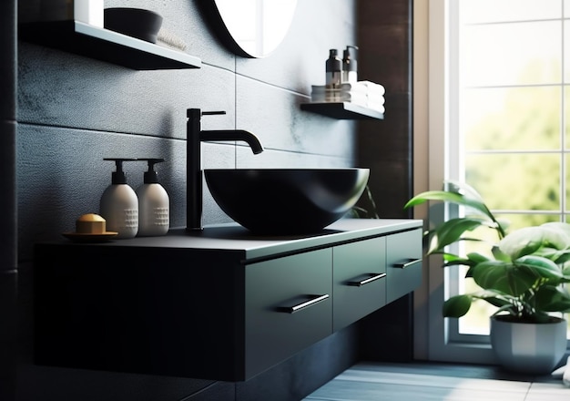 Bathroom interior with sink and black faucet