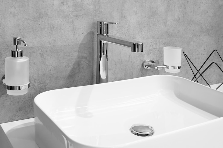 Photo bathroom interior with sink and faucet
