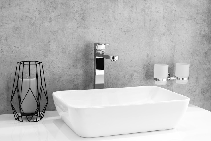Photo bathroom interior with sink and faucet