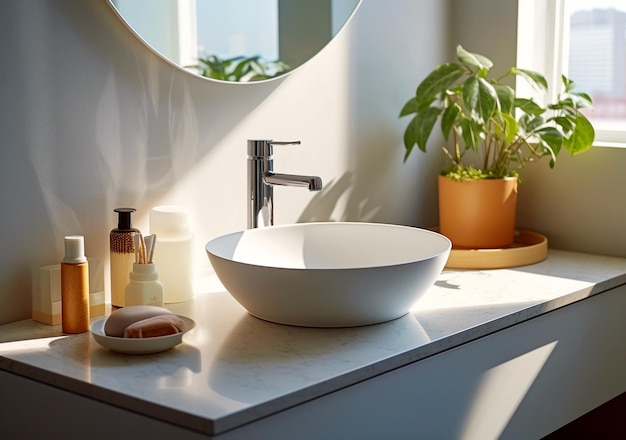 Bathroom interior with sink and white faucet