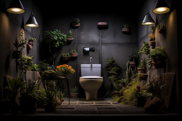 Bathroom interior with toilet bowl and many beautiful houseplants By generative Ai