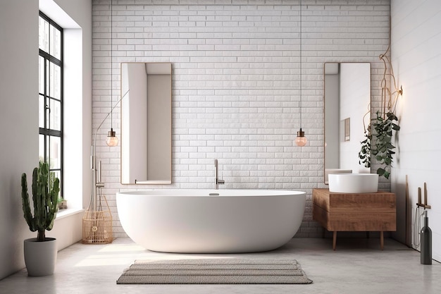 Bathroom interior with two long mirrors a curved white bathtub standing near a white brick wall