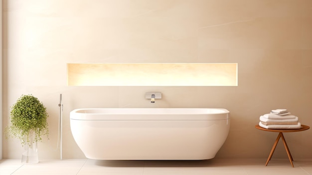 Bathroom interior with white bathtub and wooden shelf