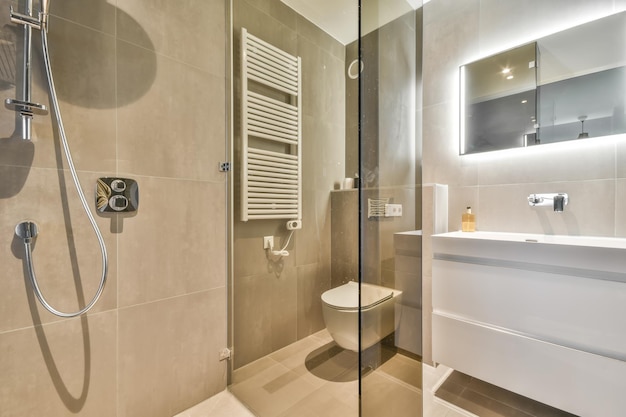 Bathroom interior with white tiles