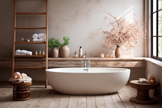интерьер ванной комнаты с деревянной ванной и зеркалом