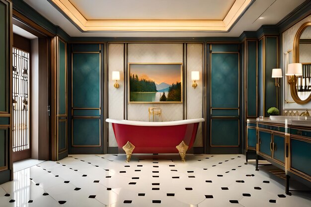 The bathroom is decorated in a red bathtub with a red bathtub