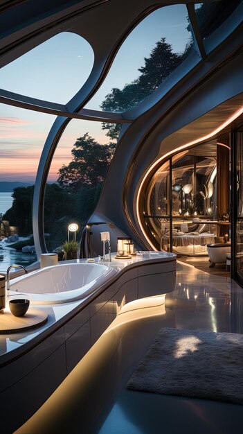 the bathroom is designed by architect and has a tub and a view of the ocean