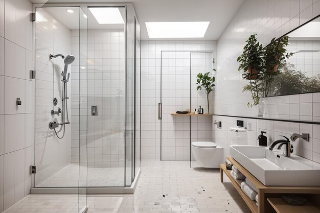 The bathroom is lined with white square tiles with a sink and shower