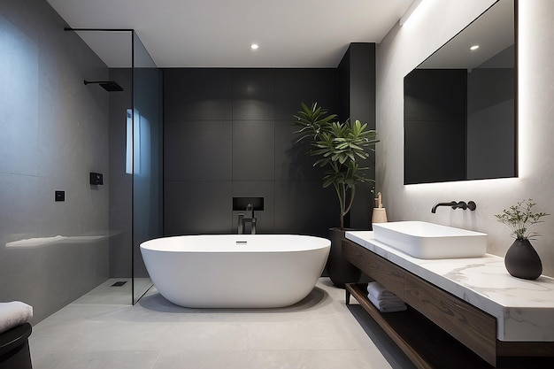 The bathroom is in a minimalist style with a comfortable bathtub