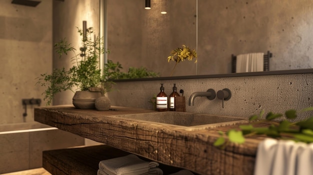 The bathroom is a modern take on the concept of bringing nature indoors a reclaimed wood vanity and