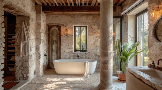 Foto bagno in stile italiano pareti in pietra e colonne