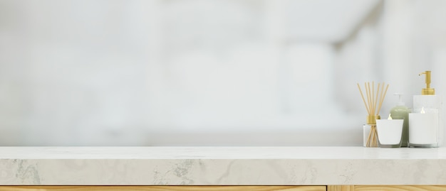 Ванная комната Мраморная столешница с пространством для макета на размытом фоне ванной комнаты 3d-рендеринга