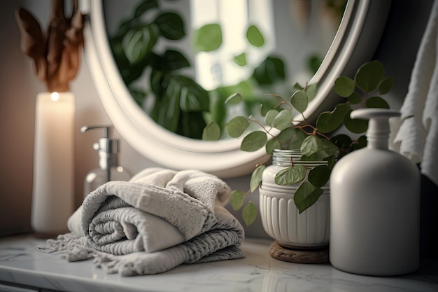 A bathroom mirror with a plant and a towel on the counter.