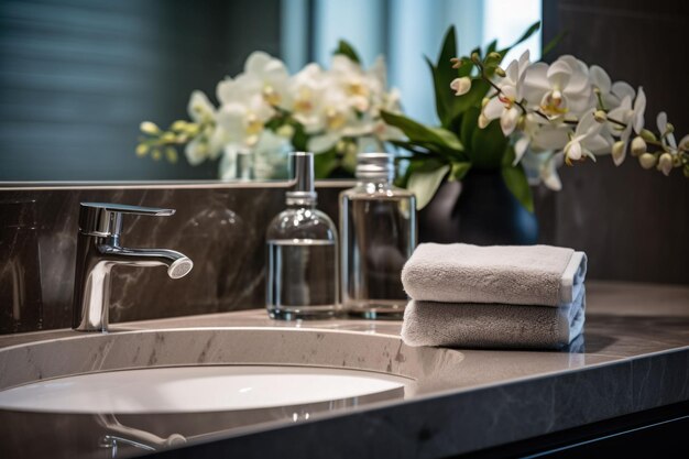 Bathroom in a modern luxury house Bathroom counter with sink and beautiful flowers AI generated illustration