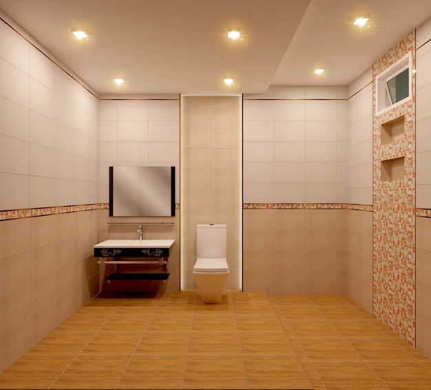 Bathroom orange tiles design and tiles mosaic design .3D rendering