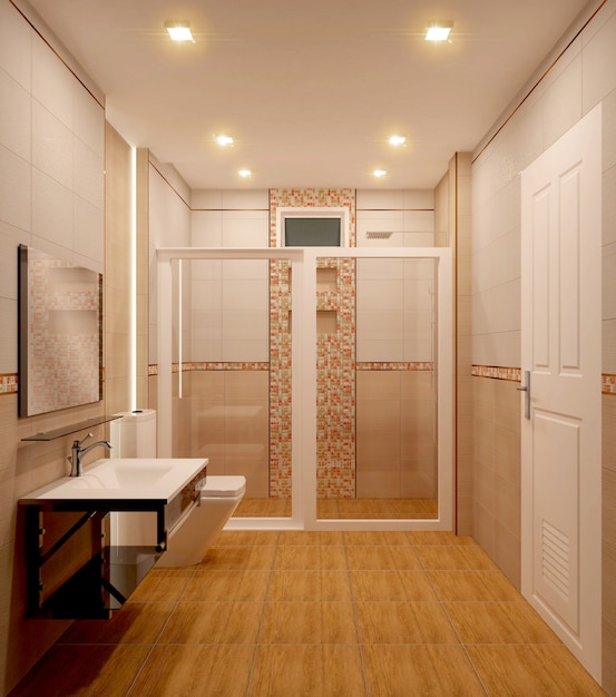 Bathroom orange tiles design and tiles mosaic design .3D rendering