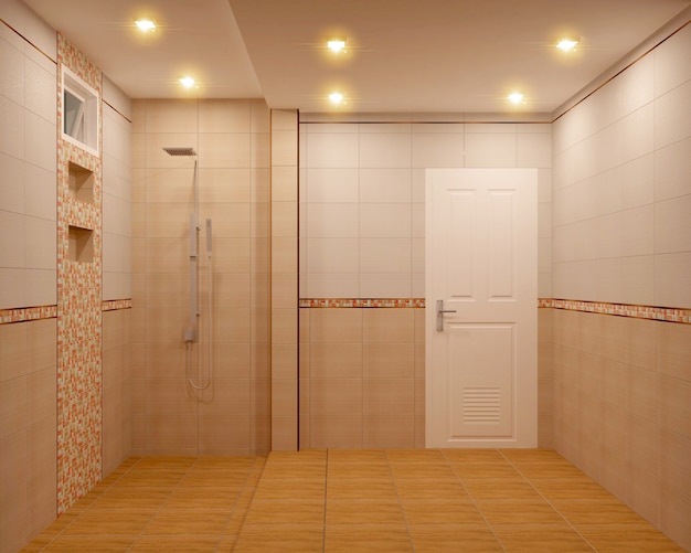 Дизайн оранжевой плитки ванной комнаты и мозаичный дизайн плитки .3D рендеринг