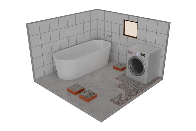 Фото Изометрический вид интерьера ванной комнаты с ванной, 3d-рендеринг