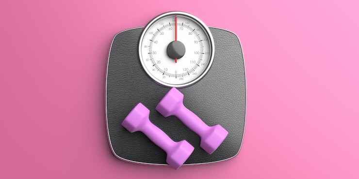 Photo bathroom scale and pair of dumbbells against pink color background top view 3d illustration