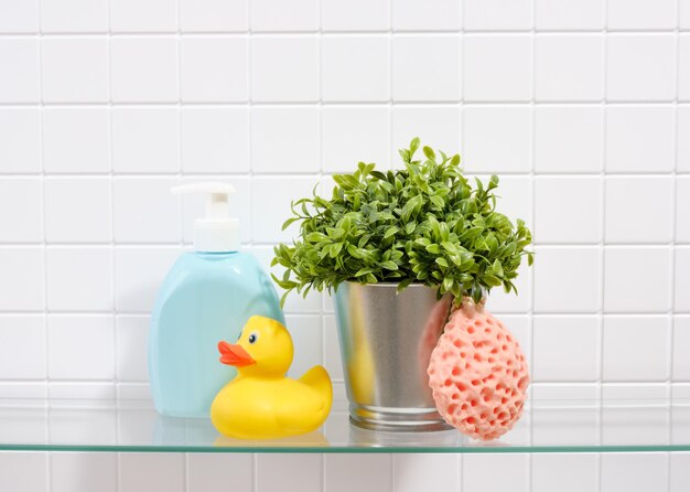 Bathroom set still life Yellow rubber duck shower sponge shampoo dispenser and green plant