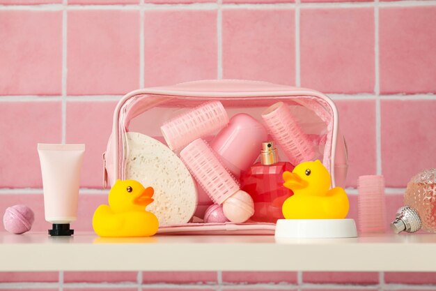 Photo bathroom shelf with tools yellow rubber ducks