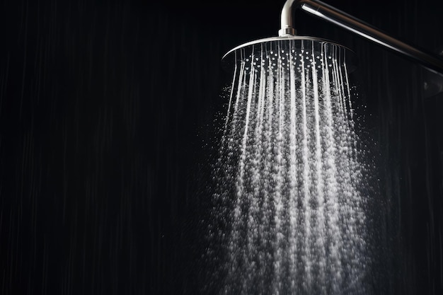 Photo bathroom shower head with flowing water droplets