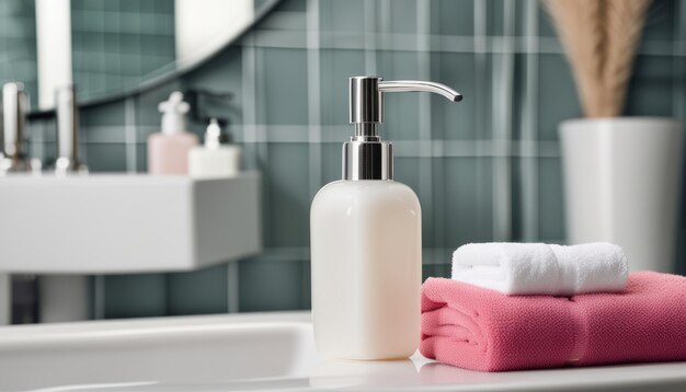 A bathroom sink with a bottle of lotion and a towel