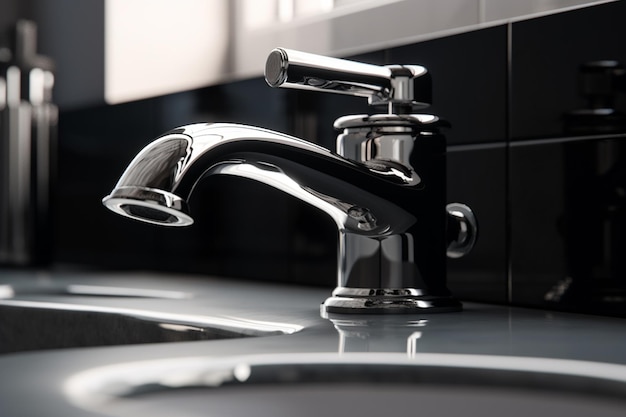 A bathroom sink with a faucet and a mirror behind it.