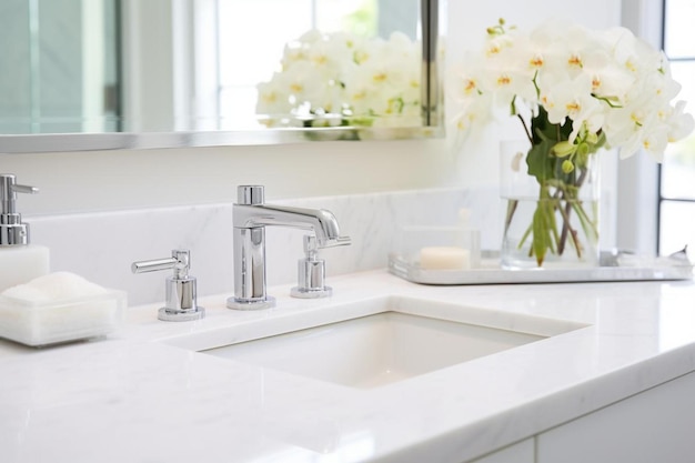 a bathroom sink with a faucet and a vase of flowers on it.