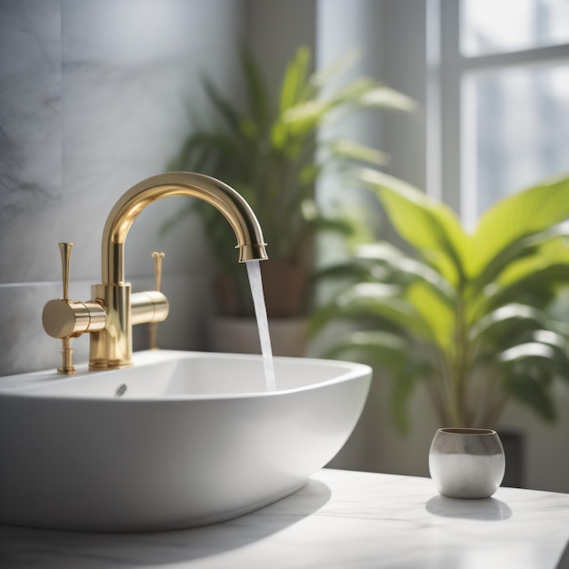 A bathroom sink with a gold faucet and a green plant in the background.